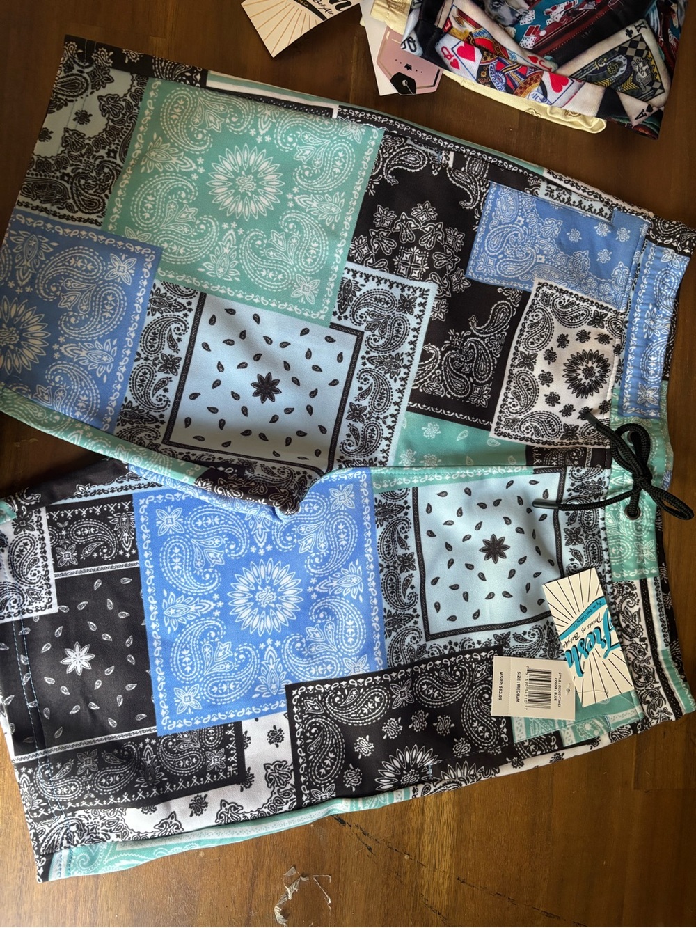 fresh Men’s Patchwork Bandana Print Shorts in Light Blue, Aqua & Black